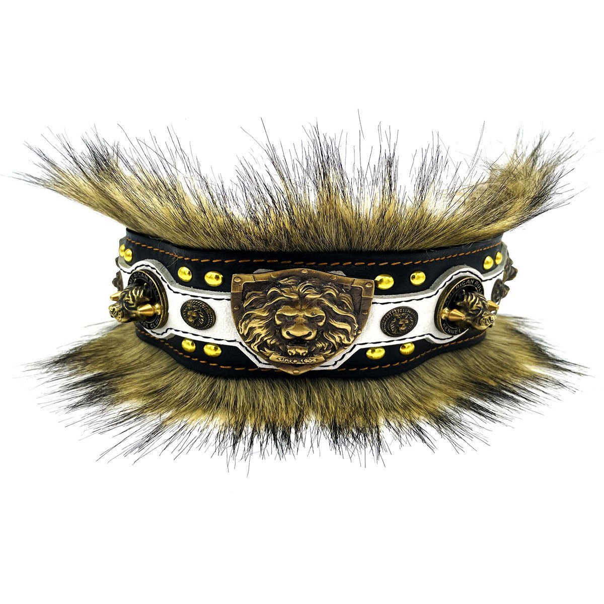 Black-White ''King Lion'' Fur Leather Dog Collar