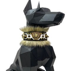 Black-White ''King Lion'' Fur Leather Dog Collar