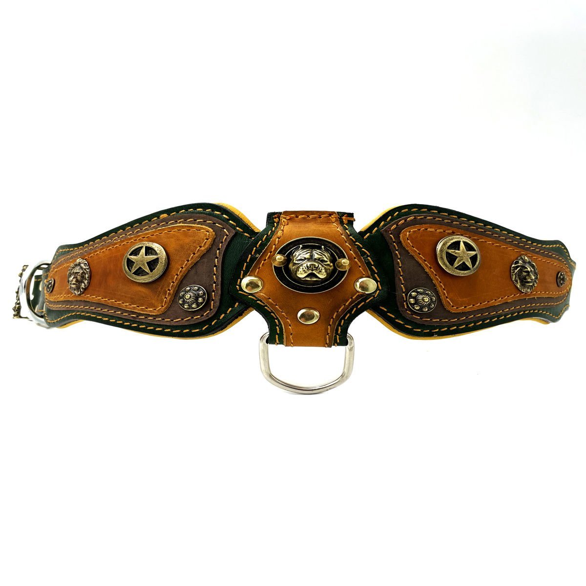 Dark Green-Mustard Pitbull Leather Dog Collar