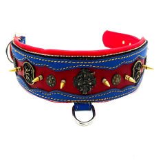Blue-Red The ''Viking'' Spiked Leather Dog Collar