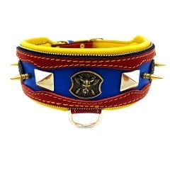 Red-Blue The ''Viking'' Spiked Leather Dog Collar