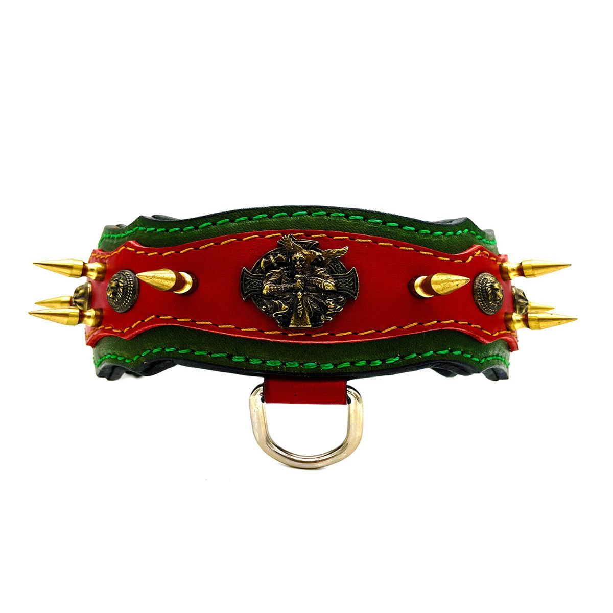 Red-Dark Green ''Athena'' Spiked Leather Dog Collar