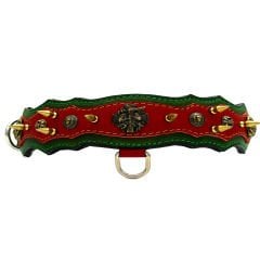 Red-Dark Green ''Athena'' Spiked Leather Dog Collar