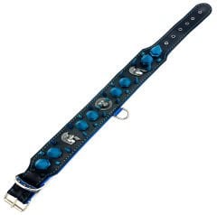 Black-Blue American Bully Head Big Spiked Handmade Leather Dog Collar