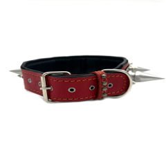 Black-Red Silver Tones Big Spiked Handmade Leather Dog Collar