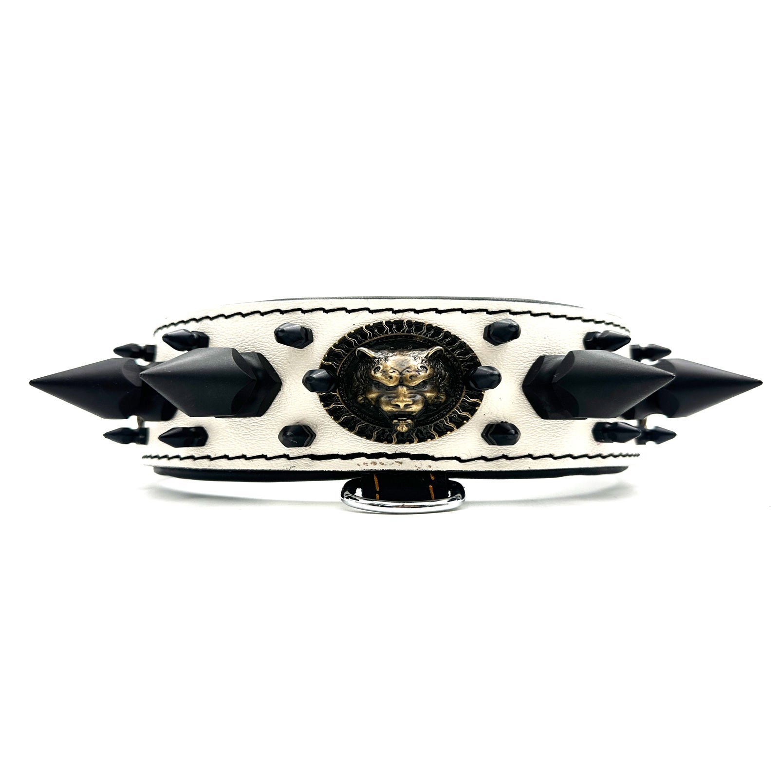 White-Black Bear Head Spiked Handmade Leather Dog Collar Necklace