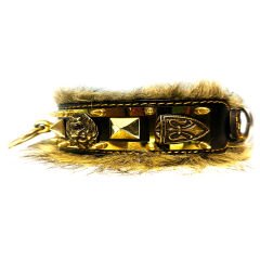 Black-Gold Tones Brass Casting Ring Lion Head Handmade Fur Leather Dog Collar