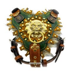 Green Luxury Lion Ring Handmade Fur Leather Dog Harness