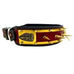 Black-Red Lion Ring Spiked Handmade Leather Dog Collar