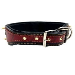 Black-Red Lion Ring Spiked Handmade Leather Dog Collar