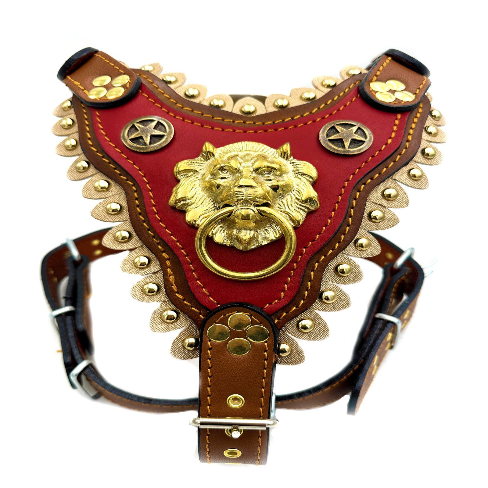 Brown-Red Lion Head Handmade Leather Dog Harness