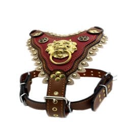 Brown-Red Lion Head Handmade Leather Dog Harness
