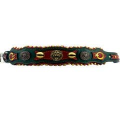 Green-Red Lion Head With Bell Handmade Leather Dog Collar