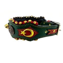 Green-Red Lion Head With Bell Handmade Leather Dog Collar