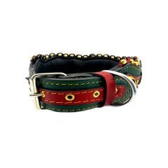 Green-Red Lion Head With Bell Handmade Leather Dog Collar
