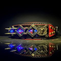 Red-Black Viking Figure Spiked Handmade Leather Dog Collar With Led