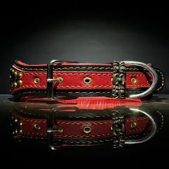Red-Black Viking Figure Spiked Handmade Leather Dog Collar With Led