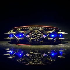 Red-Black Viking Figure Spiked Handmade Leather Dog Collar With Led